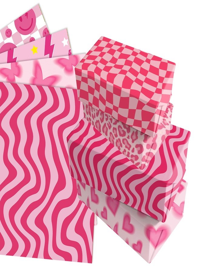 Bolsome 12 Sheets Preppy Themed Wrapping Paper, Pink Smiley Lightning Leopard Butterfly Pattern Gift Wrap Paper for Early 2000s y2k Bachelorette Wedding Party DIY Craft - Image 4